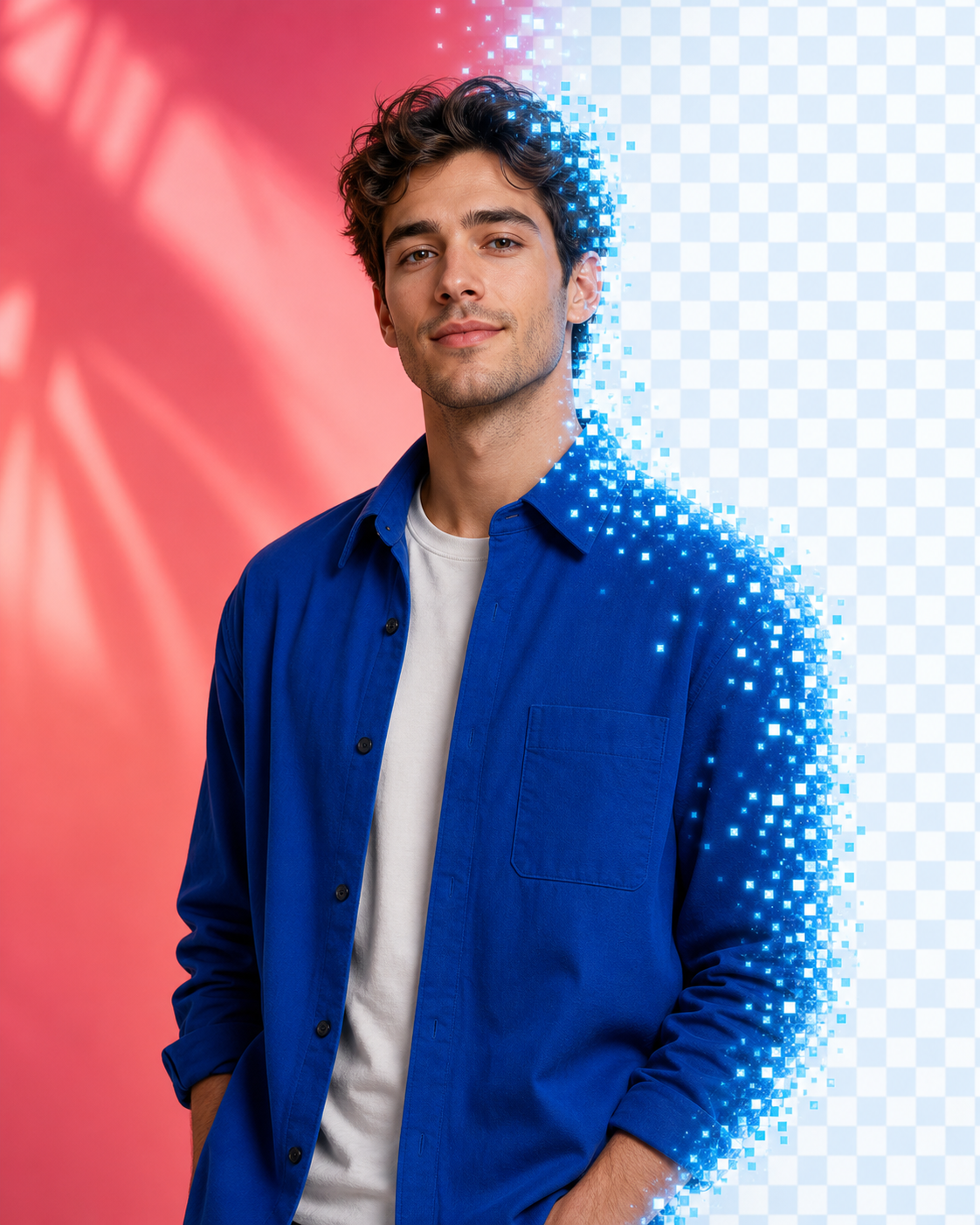 A portrait transitioning from a coral background to a transparent checkerboard