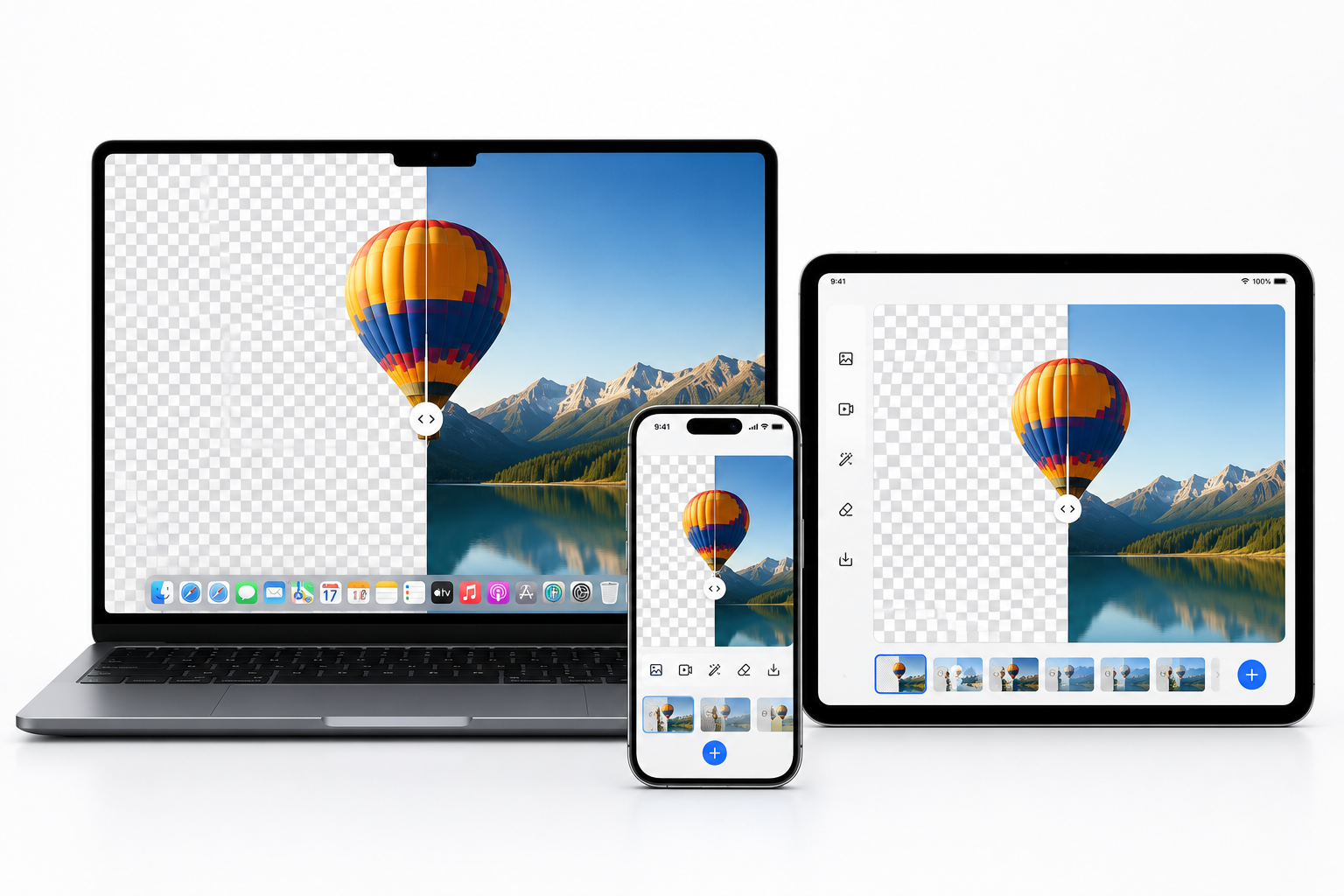 An illustration showing the same background-removal experience on Mac, iPad, and iPhone