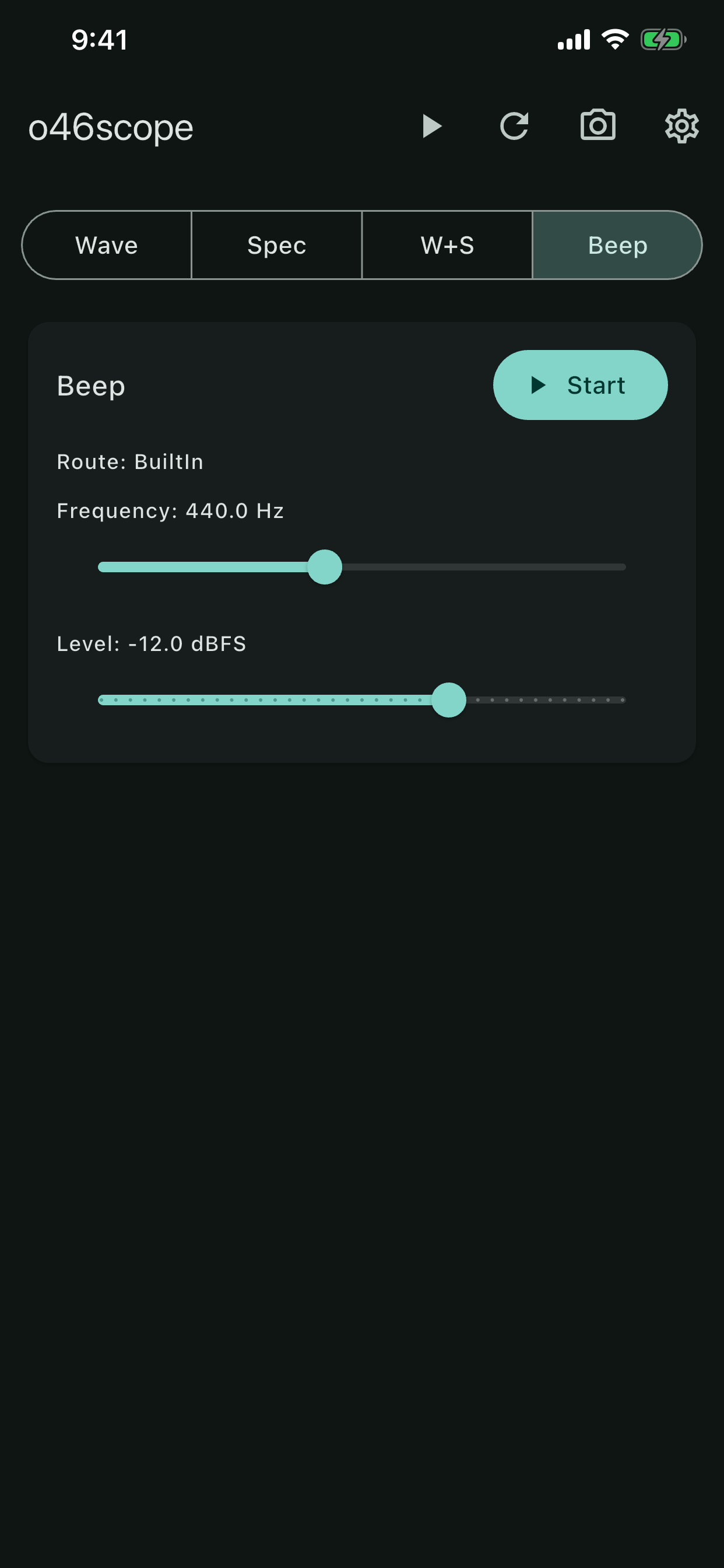 Screen showing spectrum analysis and tone generator