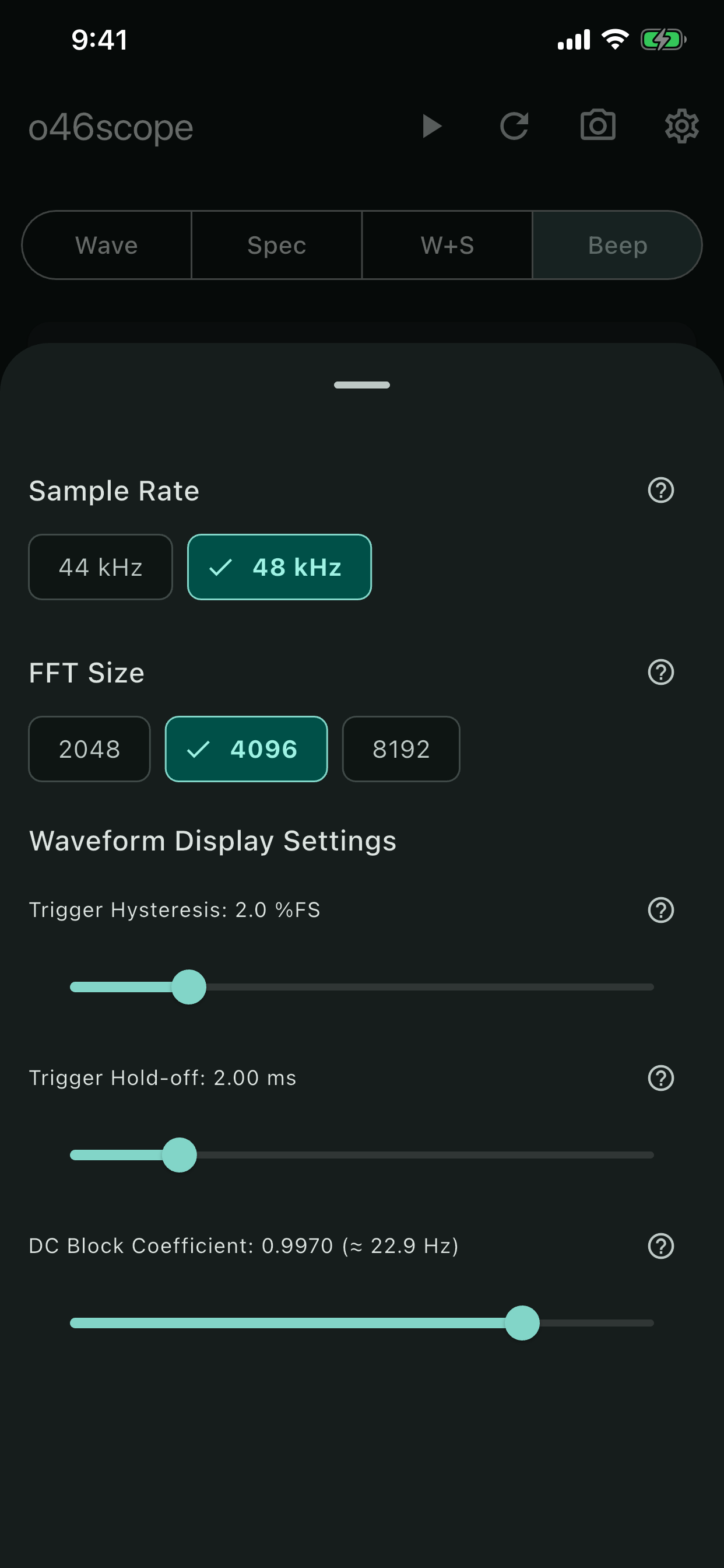 Screen showing detailed measurement settings