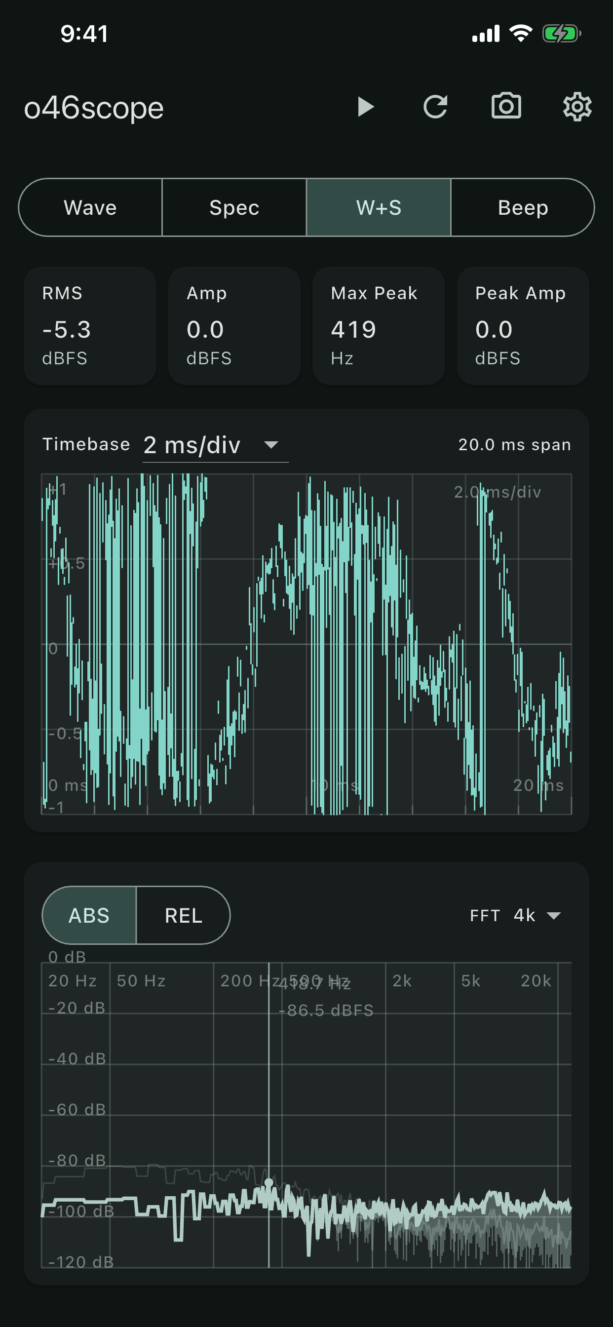 Screen showing real-time waveform display
